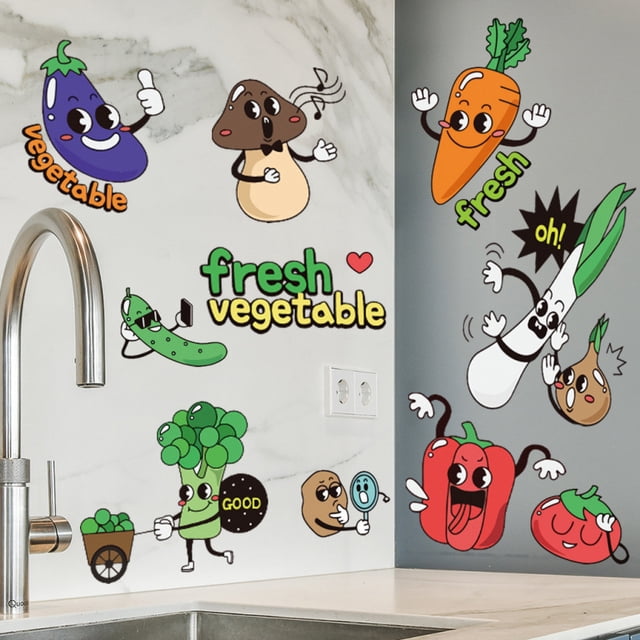 Adhesivos de pared de PVC con dibujos animados de verduras frescas para decoración de cocina