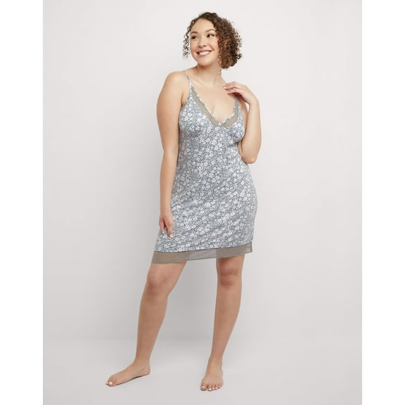 Maidenform Strappy Tank Chemise with Mesh Detail - Grey/White Floral - Women's Size 1X