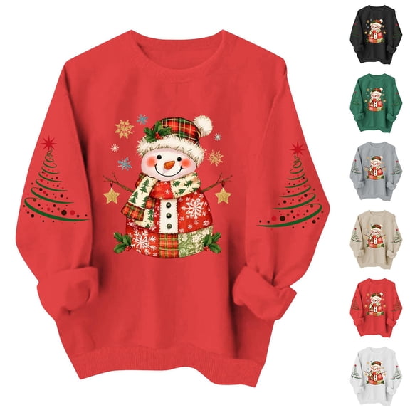 Women's Christmas Snowman Print Sweatshirt, X-mas Party Holiday Crewneck Long Sleeve Fleece Lined Relaxed Tops, S-XXL