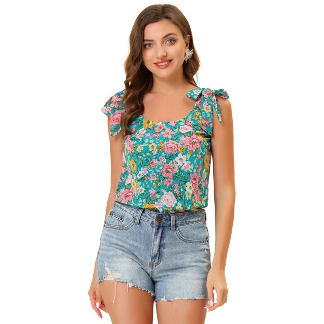 Blusa floral sin mangas Allegra K gasa decoración de pajarita Agua XS