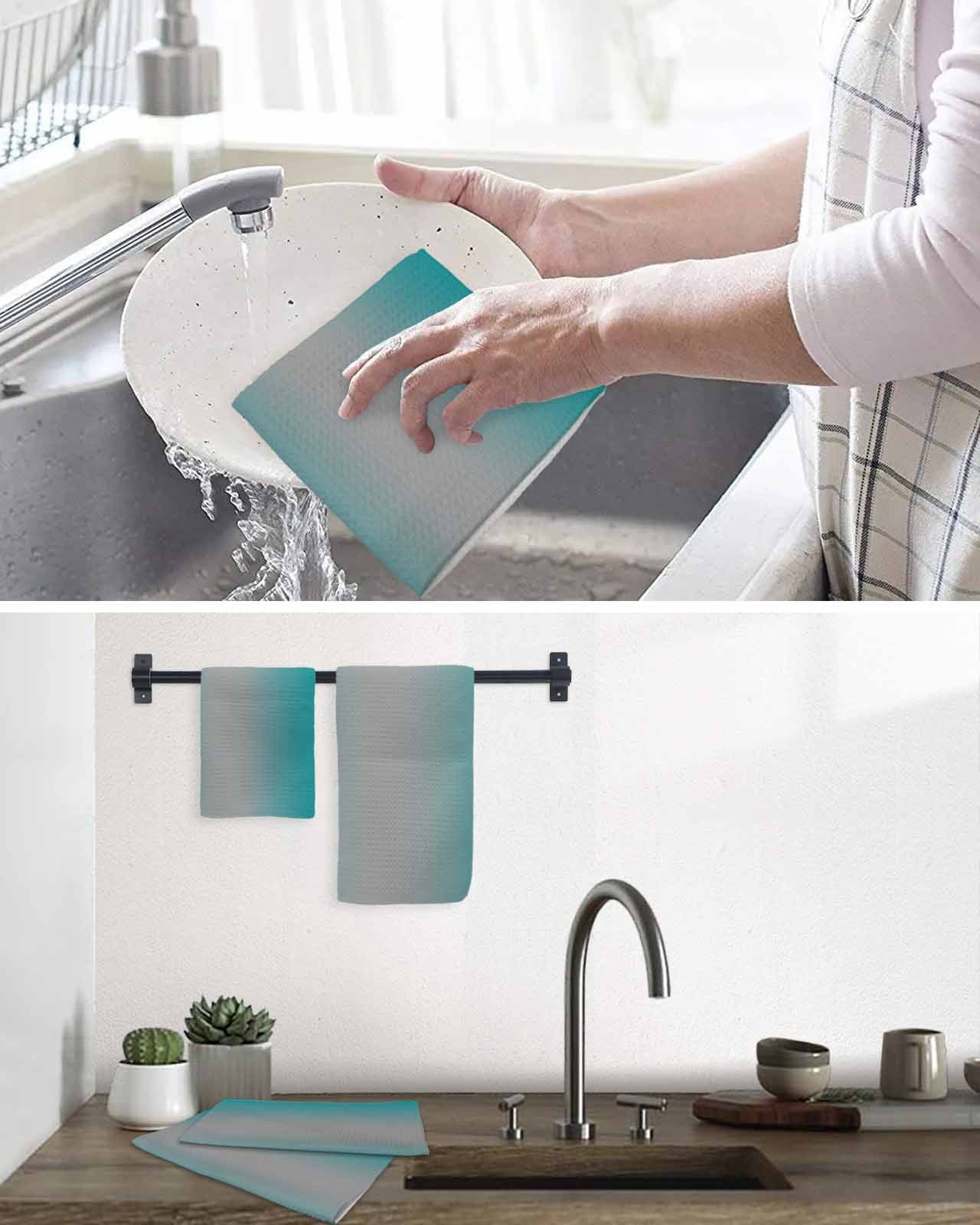Teal Grey Ombre Kitchen Dish Towels for Drying Dishes Set of 4, Gradient Contemporary Abstract Art Waffle Weave Microfiber Hand Tea Bathroom Towels Quick Dry & Absorbent Towel 12x12