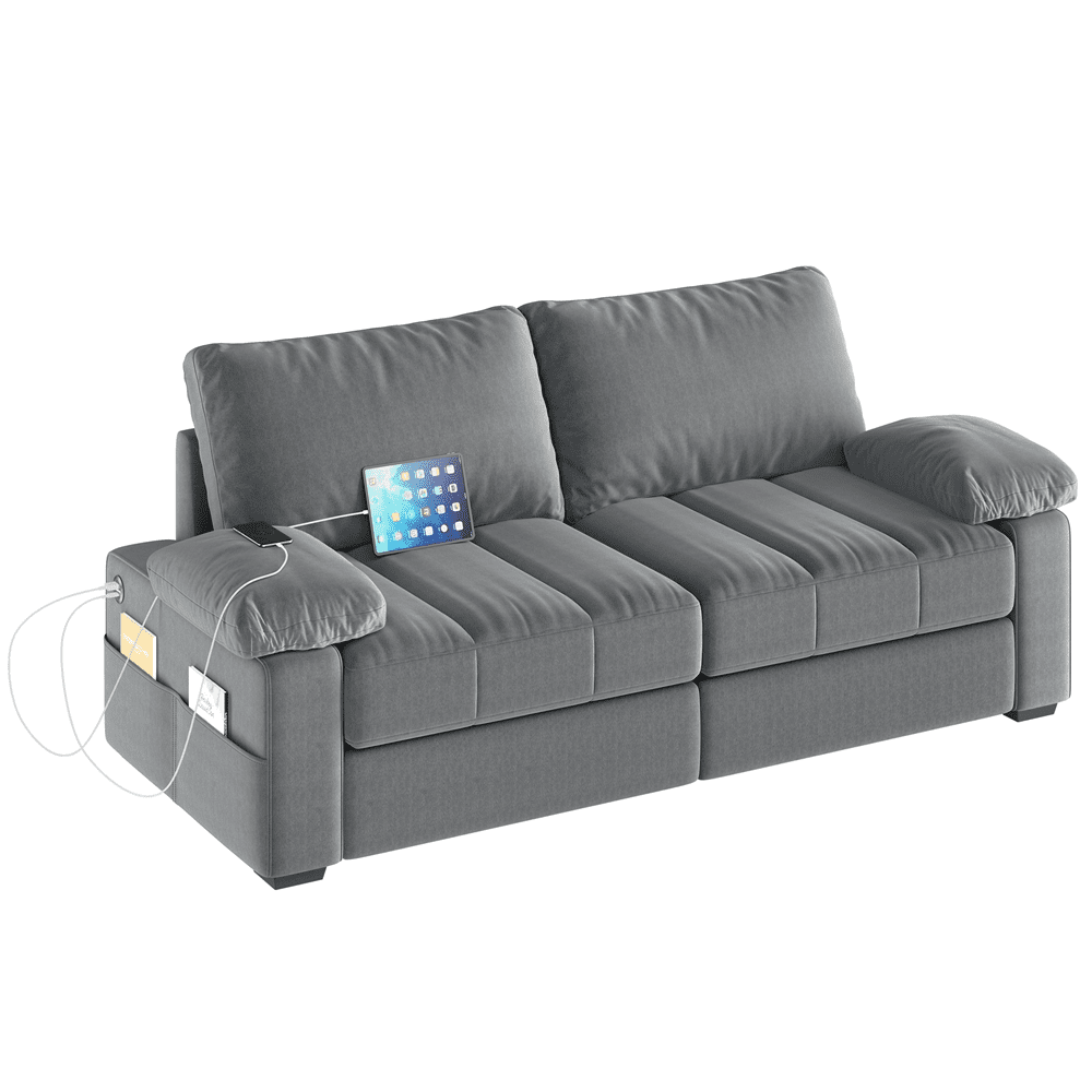 Renwick 2 Seater Velvet Sofa Couch with Pillow Top Arms & USB Charging Ports, Gray