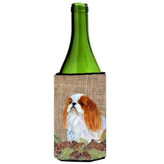 English Toy Spaniel on Faux Burlap with Pine Cones Wine bottle sleeve Hugger 24 oz.