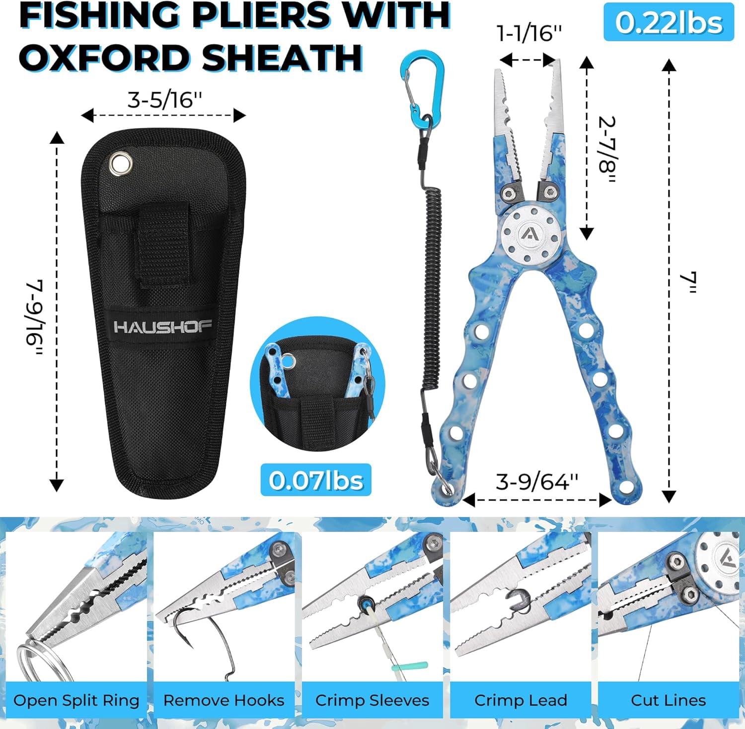 HAUSHOF Fishing Tool Kit, Aluminum Fishing Pliers, Stainless Steel Fish Lip Gripper, Fish Hook Remover with Safety Coiled Lanyard and Sheath, Gifts for Men Women