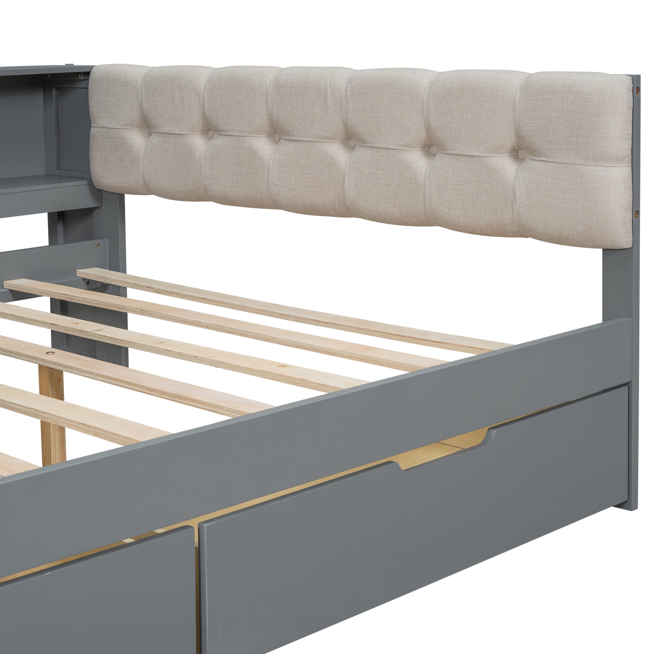 Noble House Udolf Full Platform Bed with Upholstered Headboard, Storage Shelves and Drawers, Charging Station, Gray