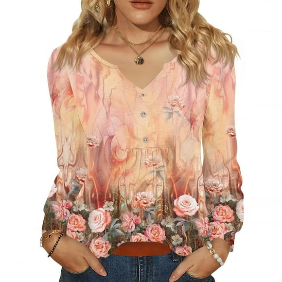 Women's 2025 Fall Pleated V-Neck Blouse Maple Leaf Season Versatility Ice Rink To Office Transition Button Down Shirt Loose Fit Casual Top Long Sleeve Breathable Poly-Cotton Orange XL