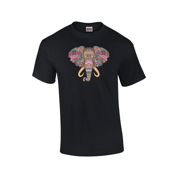 Patternized Colorful Elephant Face Short Sleeve T-shirt-Black-Small
