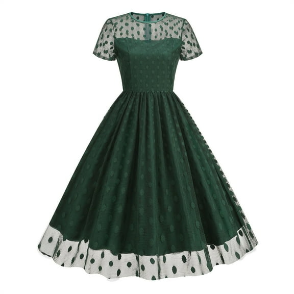 Women's Smocked Midi Tulle Dress 2025 Summer Puffy Short Sleeve Square Neck Ruffle Wedding Guest Party Dresses Army Green S