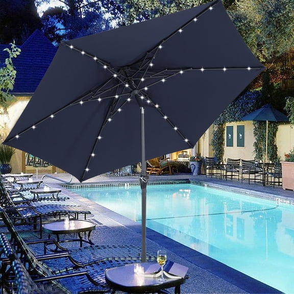 Autlaycil 10ft Navy Blue Solar Patio Umbrella with Lights, 3-Tier Windproof Stable Frame, Spider-arm Structure for Pool, Yard, Garden, Deck, Outdoor