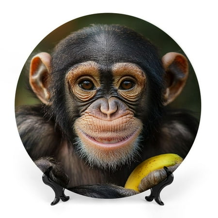 

RUIYC Monkey Banana Smile Bone China Decorative Plate Vertical Stand for Home Club Bedroom Living Room Office Room Decoration 7x7inch