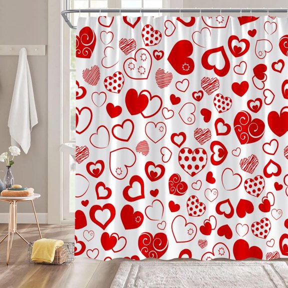 Valentine''s Day Shower Curtain Red Pink Heart Romantic Sweet Love for Lover Couple Creative Bathroom Decor Fabric Curtain with Hooks