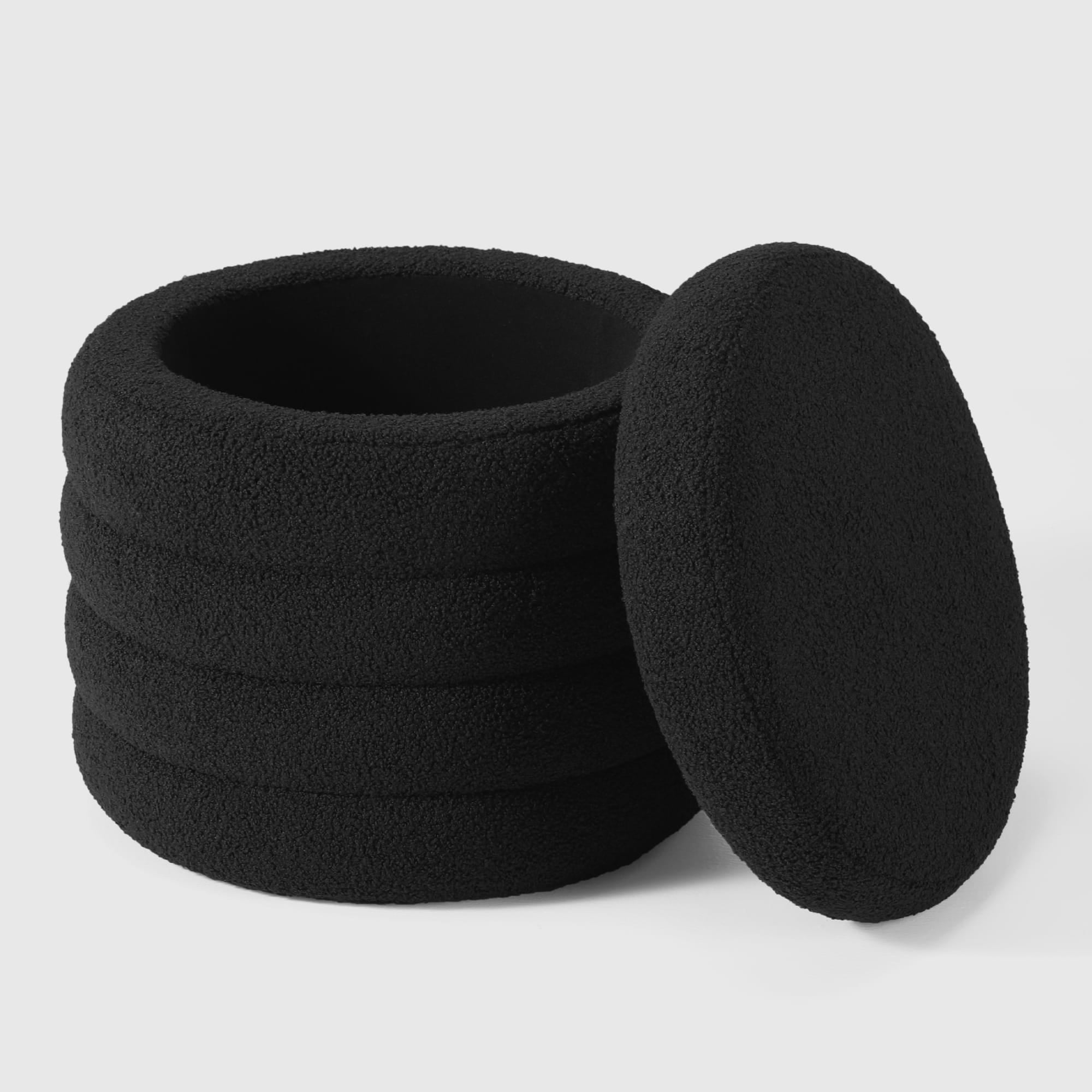 WestinTrends Mid-Century Modern Faux Sherpa Round Storage Ottoman, Black