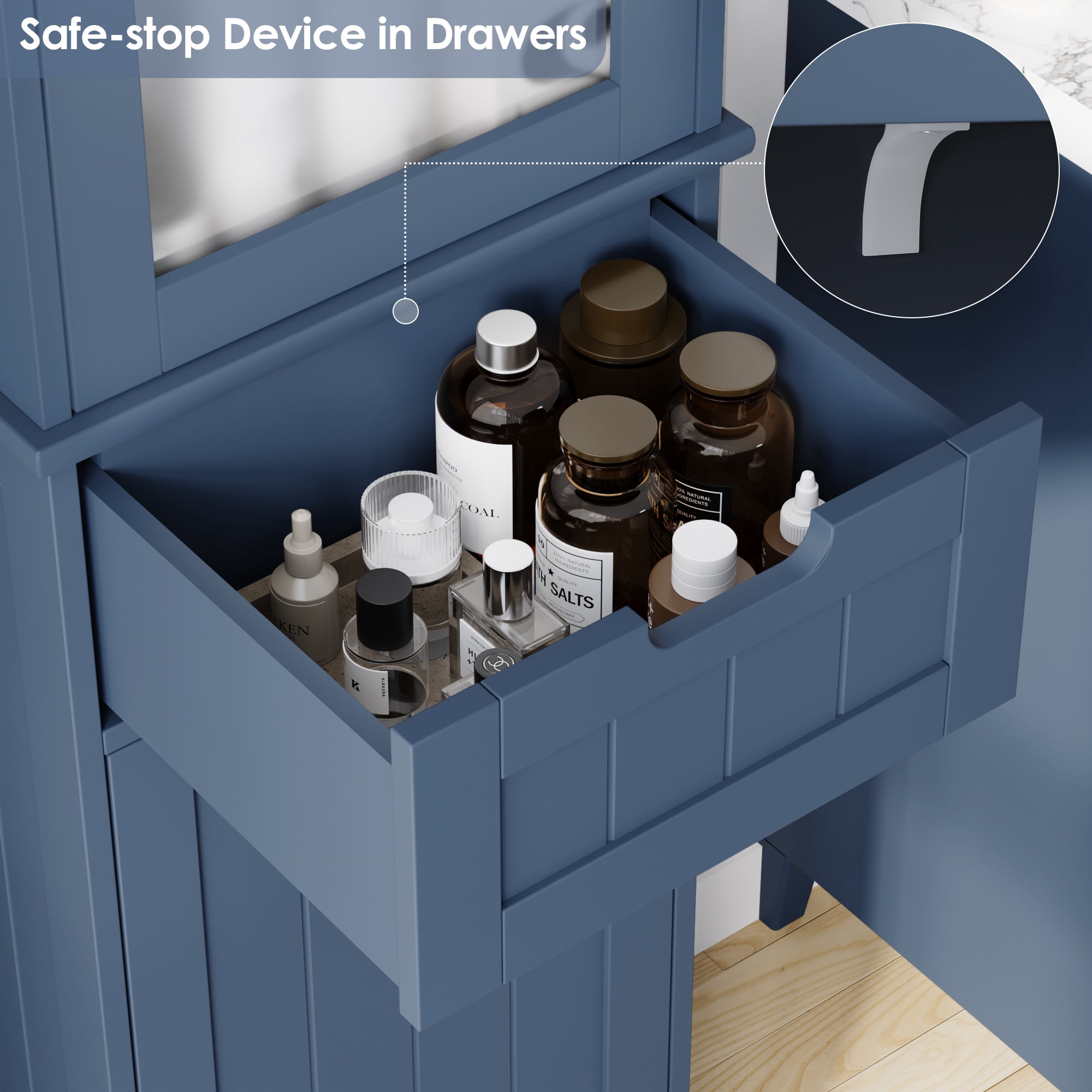 Homfa Bathroom Storage Tower, Narrow Linen Cabinet with Door and Drawers, Tall Bathroom Storage Cabinet for Small Spaces, Blue