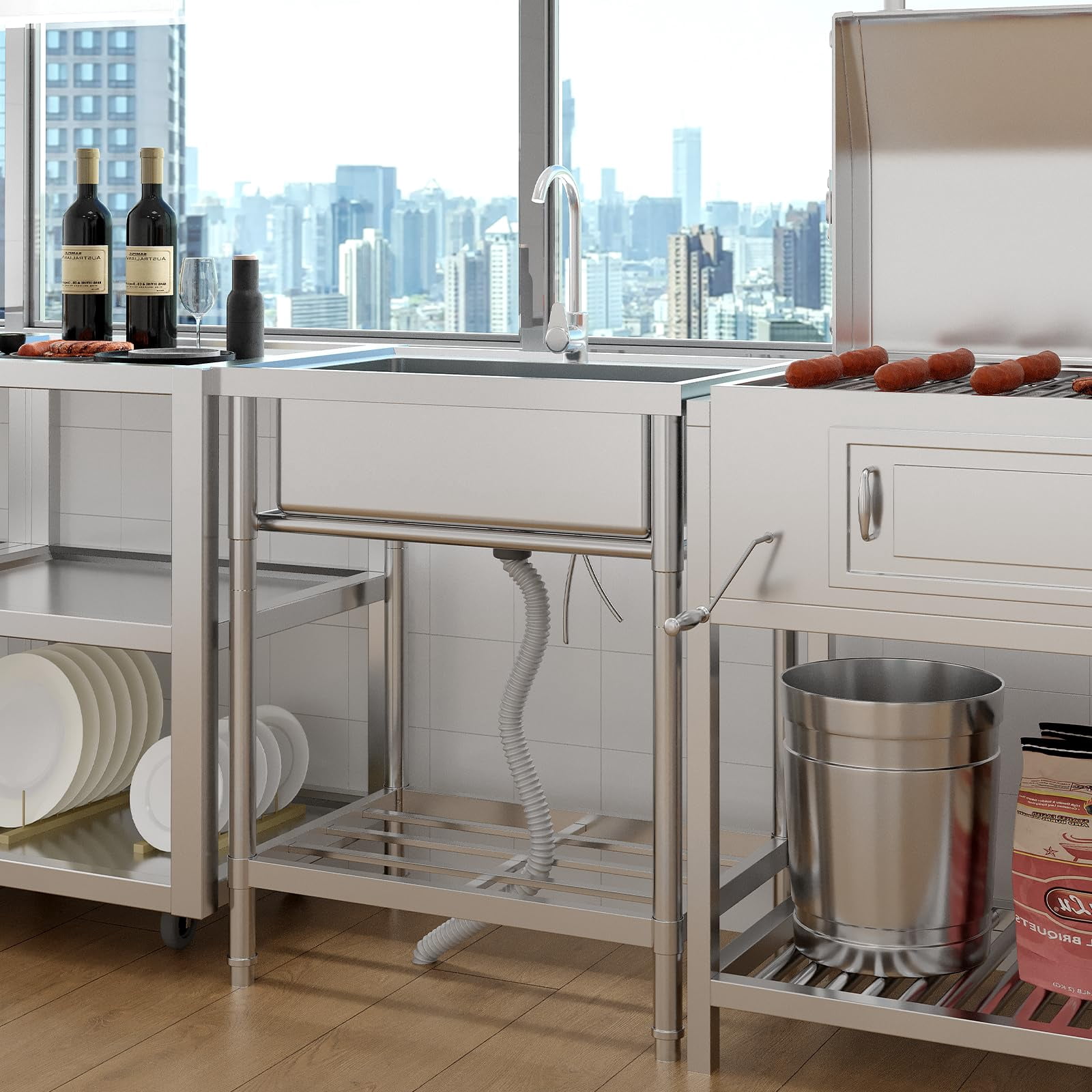 Utility Sink, Freestanding Single Bowl Laundry Sink with Hot and Cold Water, Stainless Steel Sink with Storage Shelf for Kitchen and Bathroom