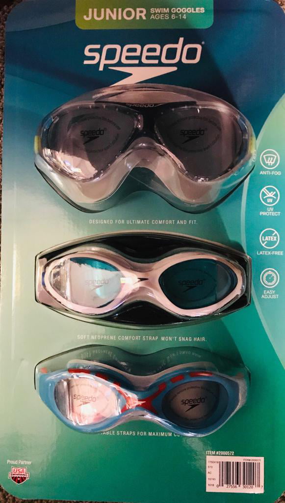 New Open Box Speedo Junior 3-pack Swim Goggles Ages 6-14 UV Latex Anti Fog 