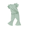 thumbnail image 2 of Musuos Toddler Girls Spring Outfits 1-5T Fly Sleeve Solid Color Rib T-Shirts Tops Elastic Waist Flare Pants 2Pcs Clothes Set, 2 of 10