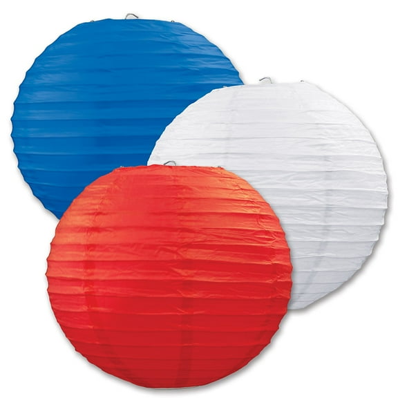 Beistle Club Pack of 18 Round Red, White, and Blue Hanging Paper Lanterns 9.5"