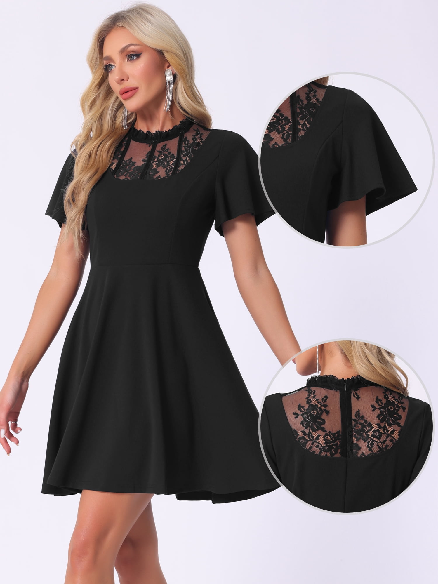 Unique Bargains Women's Lace Mesh Halter Neck Gothic Midi Dresses XL Black