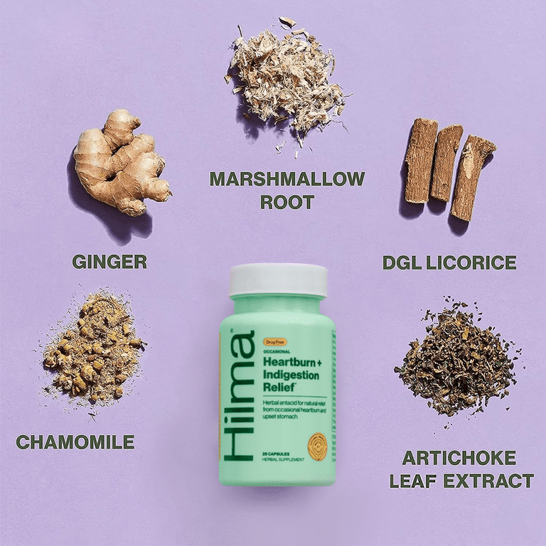 Hilma Occasional Heartburn + Indigestion Relief Herbal Supplement Vegan Capsules, Doctor Formulated, 28 Count