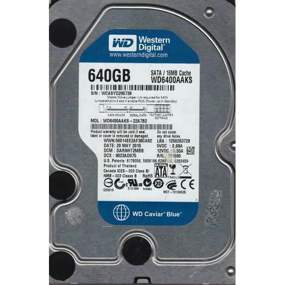 WD6400AAKS-22A7B2, DCM DARNHT2MBB, Western Digital 640GB SATA 3.5 Hard Drive