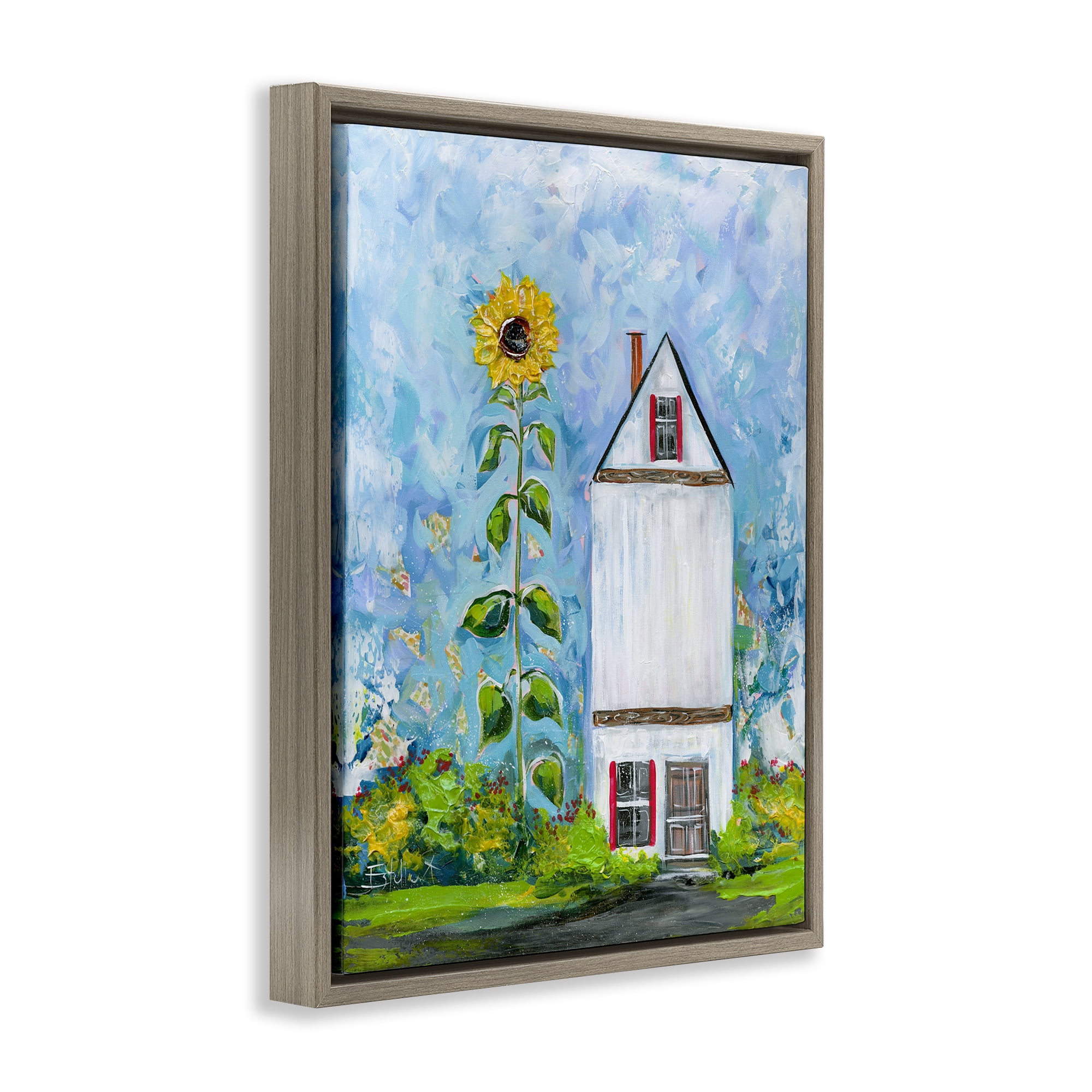 Stupell Industries Giant Sunflower & House Landscape & Nature Painting Brown Floater Framed Canvas Art Print Wall Art, 17 x 21