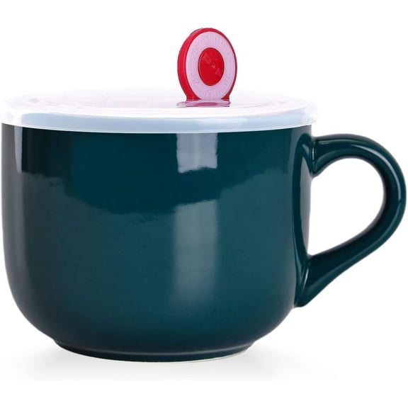 Simple Ceramic Soup Mugs with Lid, 22 oz Soup Cups with Handle, Microwave Oatmeal Bowl Coffee Mug with Lid and Handle for Milk, Tea, Fruit, Ice Cream Cereal Coffee - Dark Green