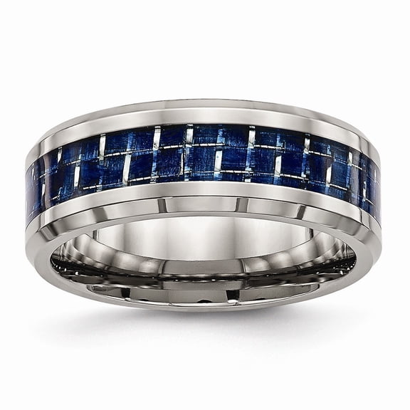 8mm Titanium Polished With Blue Carbon Fiber Ring - Size 11