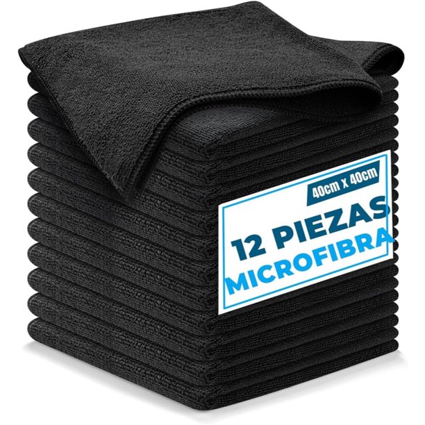 Paños de Limpieza de Microfibra, 12 Piezas, Reutilizables, Toallas Multiusos Super Absorbente, Trapos de Limpieza para el Hogar, Cocina y Automóvil (Negro)