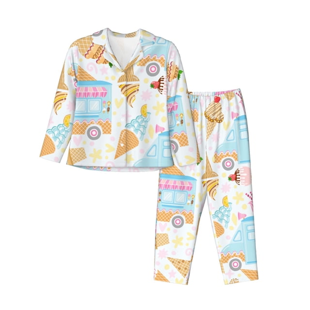 Fotbe Icecream Truck Conjunto de Pijama de Manga Larga para Mujer con Estampado, Ropa de Dormir de 2 Piezas, Conjunto de Casa Suave y Cómodo con Bolsillos-Small