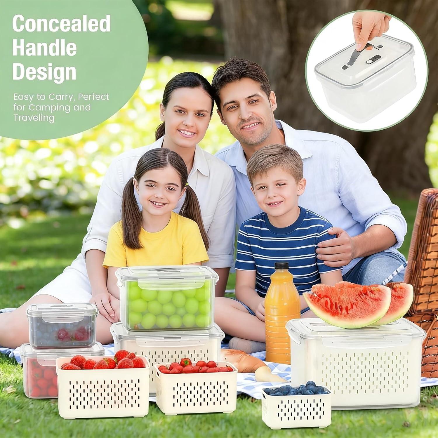 Fruit Storage Containers for Fridge, Produce Containers for Fridge with Removable Colander,4 in 1 Food Storage Container Keep Fruits, Vegetables, Berry, Meat Fresh longer (Blue)