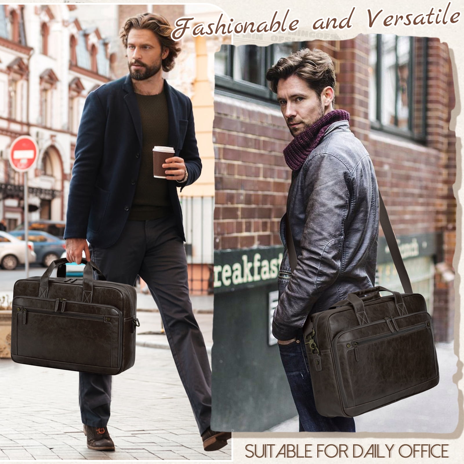 RAINSMORE Messenger Bag for Men 16 Inch Laptop Bag Leather Briefcase Vintage Crossbody Shoulder Office Computer Bag Retro College Satchel Bag for Work, Business, Coffee