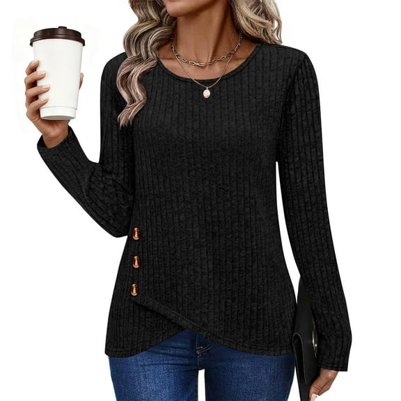 Tunic Sweaters for Women Long Sleeve Shirts Crew Neck Tops with Buttons Fall Fashion Outfits Winter Clothing