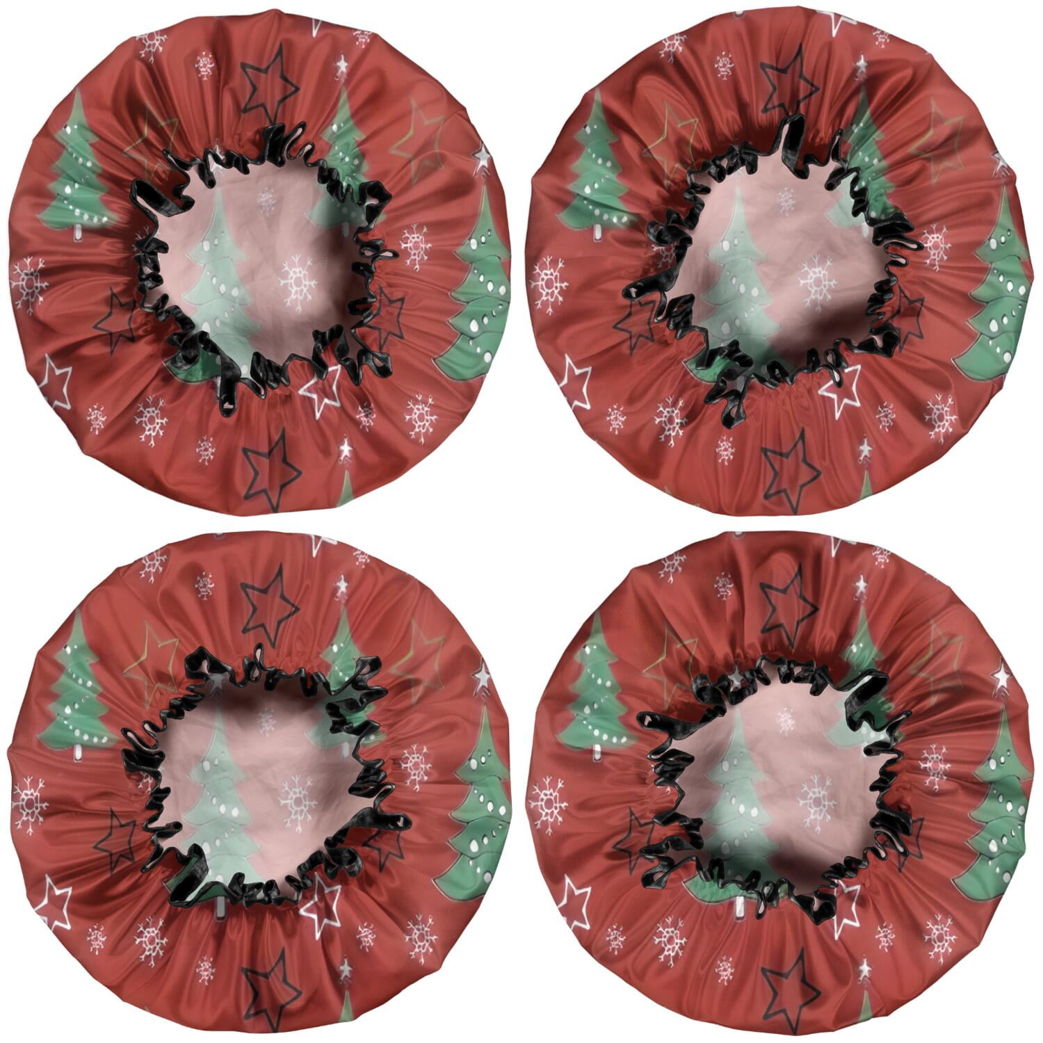 Shower Caps,Red Christmas Tree Pattern Waterproof Shower Cap for Women 4 Pieces,Double Reusable Hair Cover for Shower PEVA Elastic Stretch Hem