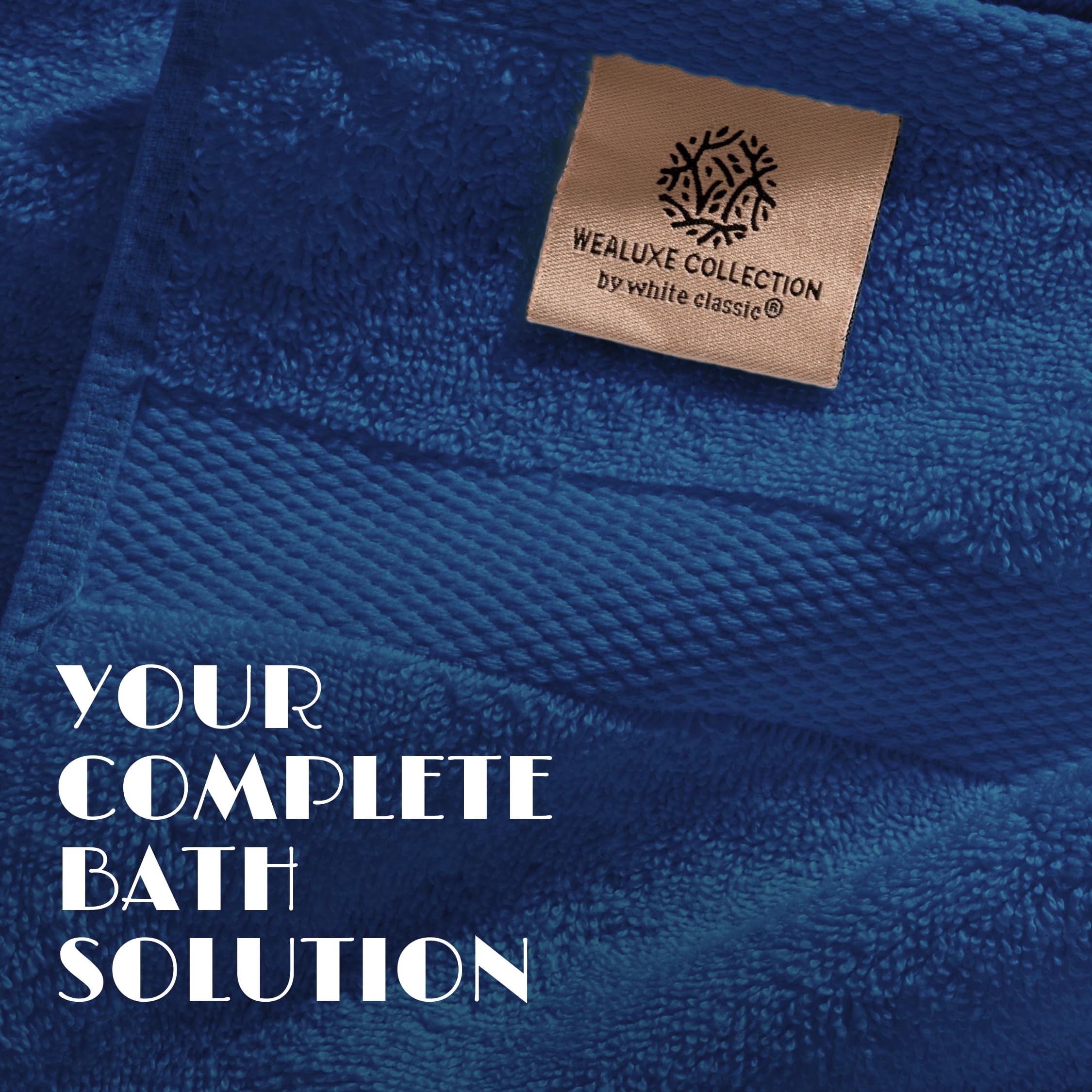 White Classic Navy Blue Bath Towel Set of 6 - 100% Cotton Highly Absorbent Towels for Bathroom, 2 Luxury Bath Towels 650GSM, 2 Hand Towels, 2 Washcloths