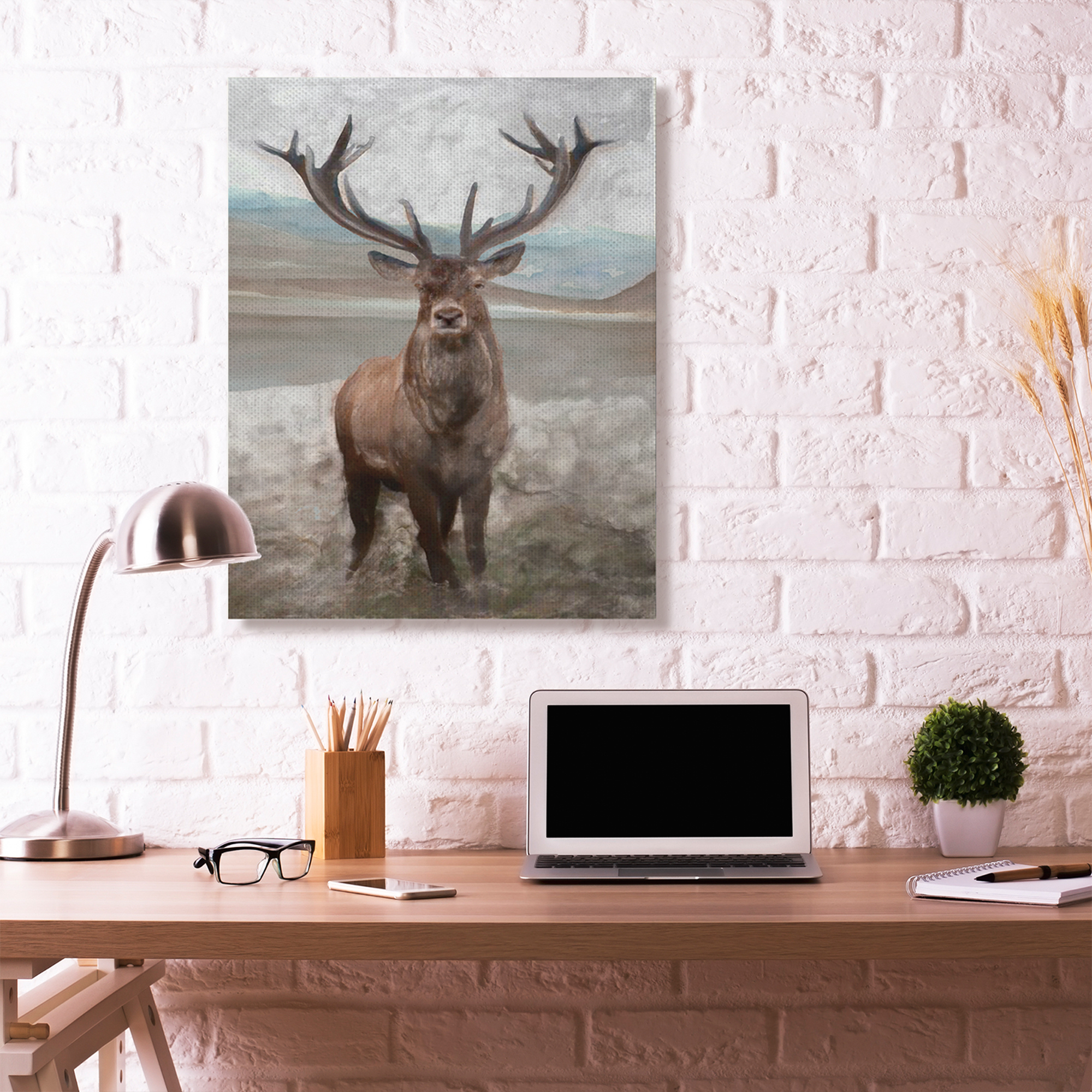 Stupell Home Décor Moose Encounter Landscape Animal Watercolor Painting Canvas Wall Art by Stellar Studio