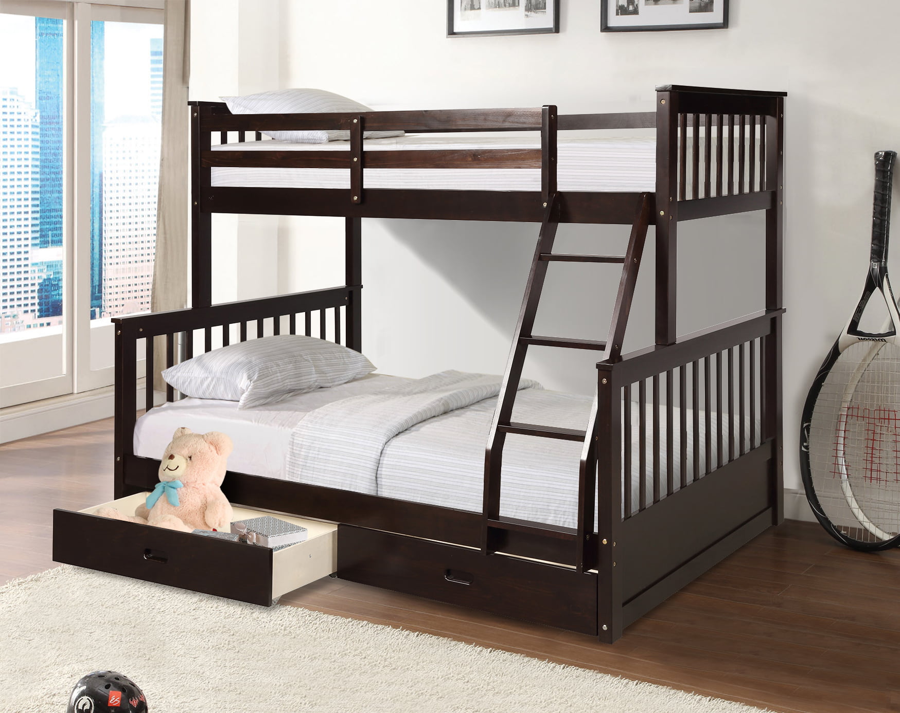 Details about   Twin Over Full Bunk Beds Kids Black Metal Bed Roll-Out Trundle Frame Furniture