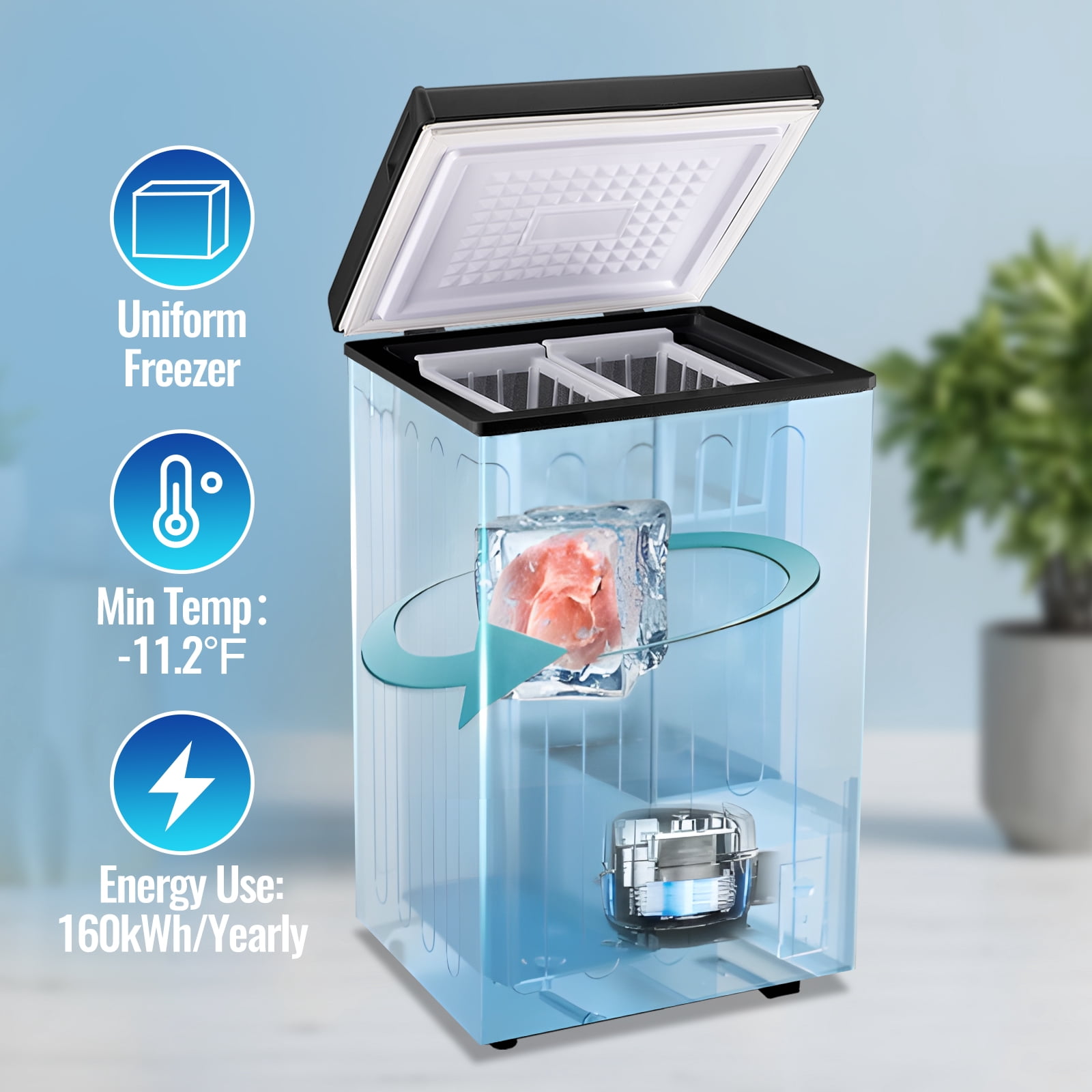 2.2 Cu.ft Chest Mini Freezer  Deep Freezer for Bulk Storage Top Open Door 2 Removable Baskets 7 Modes Temperature for Home Apartment Kitchen Black