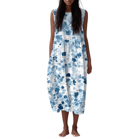 Floral Print Linen Dress for Women Women's Floral Print Linen Sleeveless Dress Casual Summer Dress with Pockets Crew Neck Sky Blue L