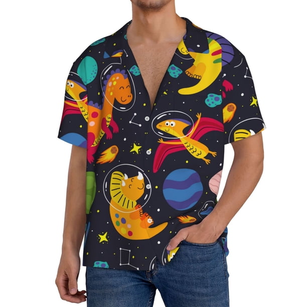 Balery Dinosaurs in Space Camisa Casual de Manga Corta con Botones para Hombre, Texturizada, Estilo Cubano, para Playa, Verano-X-Large