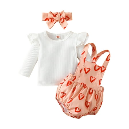 

Sunisery 3Pcs Newborn Baby Girls Romper Sets Long Sleeve Tops Heart Print Suspender Romper Bowknot Hairband White 0-3 Months