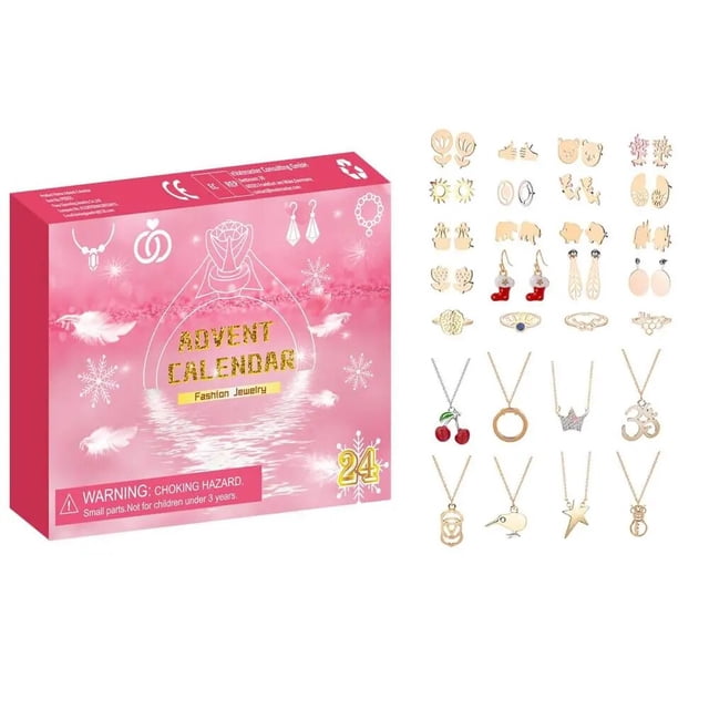 Calendario de Adviento de joyería de Navidad, Kit de cuenta atrás, anillo, collar, regalo, 24 días de Navidad