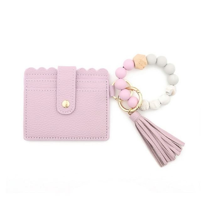 Langgg Women Keychain Bag with Tassel Wallet Fashion Key Chain Snap Button Card Holder Bangle Bracelet Keyring Pendant Accessory Light Purple