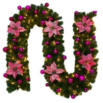 Battery Operated Christmas Garland 8.8ft with Lights Artificial Poinsettia Vine with Ornaments LED Illuminated Rattan Decor for Fireplace Staircase Doorway Outdoor Indoor Holiday Decoration