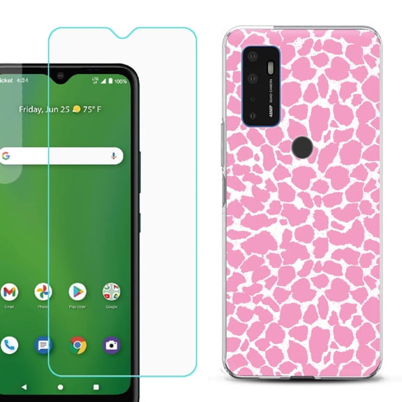 Slim-Fit Gel TPU Phone Case for Cricket Dream 5G, with Tempered Glass Screen Protector, by OneToughShield ® - Giraffe/Pink