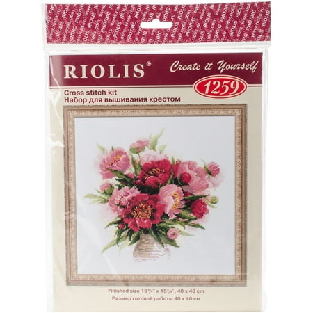 Luca-S B543 Peonies Vase Counted Cross Stitch Kit – Includes 18 Count Fabric, Anchor Threads, Needle & Chart