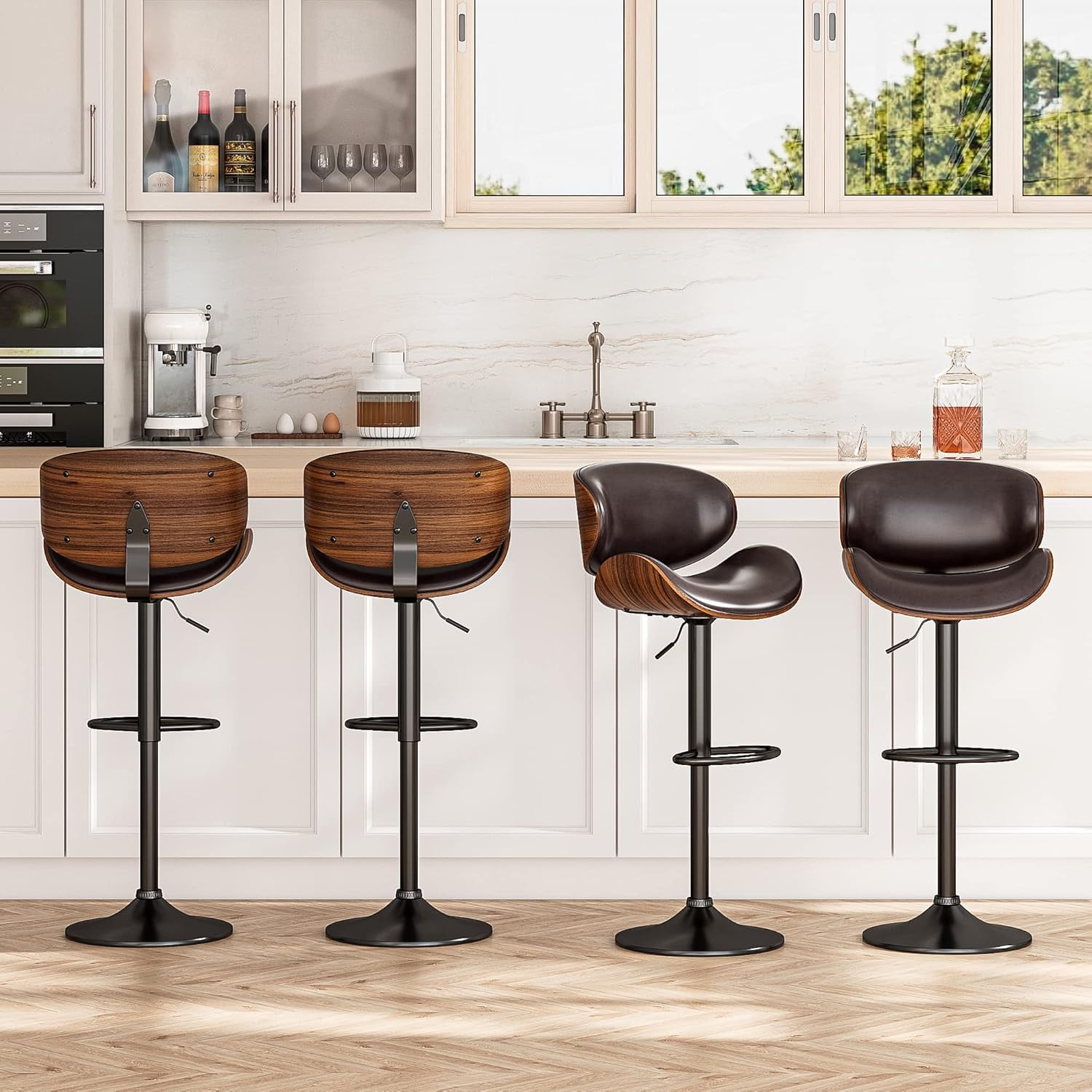 Bar Stools Adjustable Swivel Barstools Counter Stools with Back Sets of 2, Mid-Century Modern PU Leather Upholstered Counter Height Barstools, Kitchen Island Bar Chairs, Brown