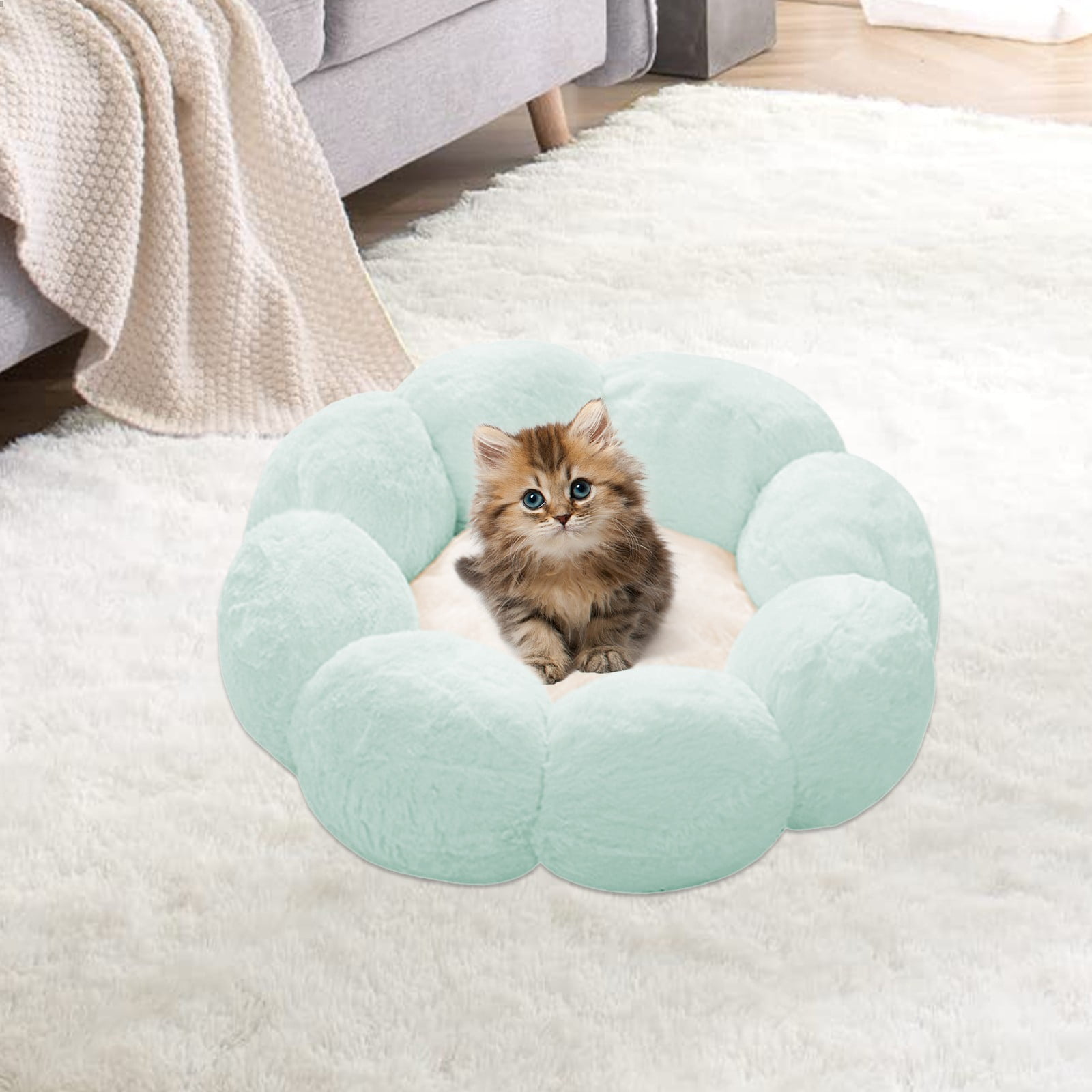 Nebwoak Round Cat Bed Warm Rounded Petals Calming Dog Cats Bed Cuddler Warming Cozy Soft Bed Faux Furs Cushion Bed for Small Medium Dogs and Cats