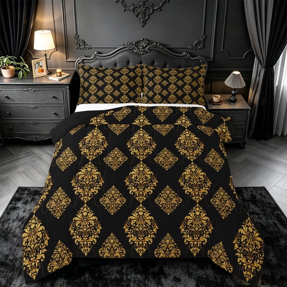 meiyoeat vintage Damask Floral King Size Comforter Sets,Baroque Flowers Pattern Comforters King Size,Black Reversible,3-Piece,1 Comforter and 2 Pillowcases