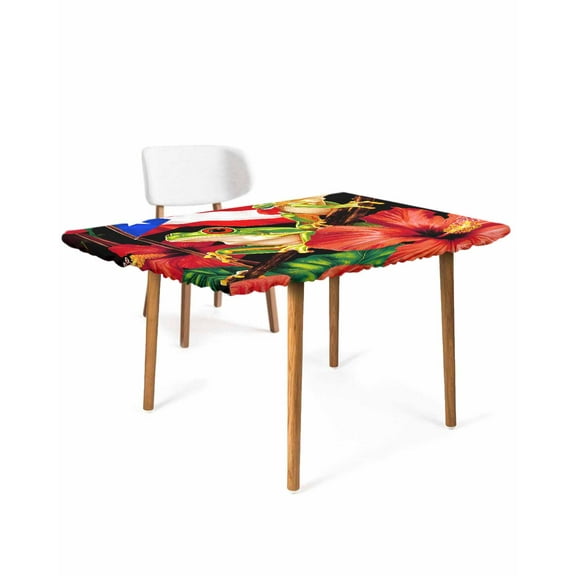 Puerto Rico Flag Rectangle Tablecloth, Waterproof Elastic Fitted Table Covers for 4 Foot Tables, 24x50inch Decorative Tablecloths for Picnic, Camping, Indoor, Outdoor, Frog Red Flower Summer Leaf