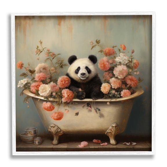 Stupell Industries Panda Bathtub & Blooms Animals & Insects Painting White Framed Art Print Wall Art, 17 x 17